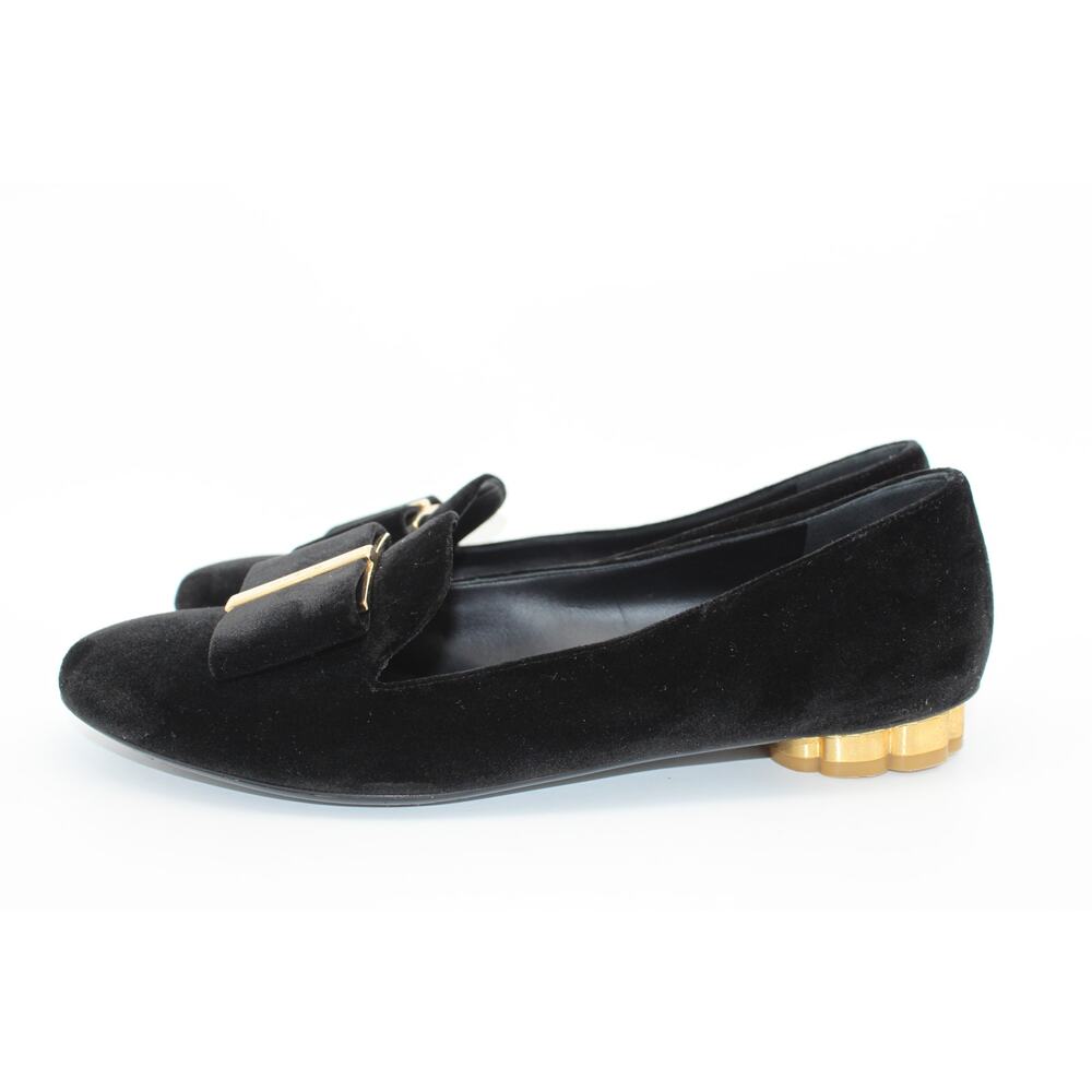 Salvatore Ferragamo Black Velvet Suede Gold Flats Flower Heel Shoes Size 8 - Picture 2 of 13